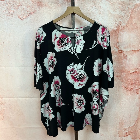 CATO floral romantic poncho top size 18 20 W date night chic keyhole black pink - Picture 2 of 5